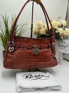 Brighton Vintage Croc Embossed Leather Shoulder Bag Heart Lock & Key